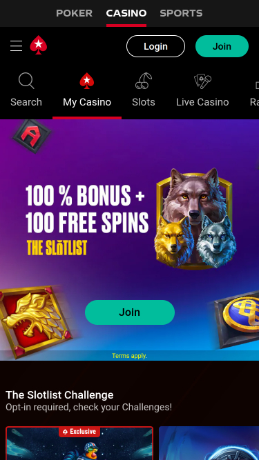 Page d'accueil mobile de PokerStars