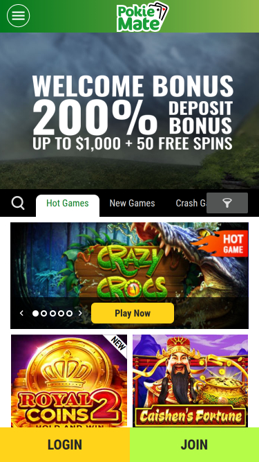 Page d'accueil mobile du casino Pokie Mate