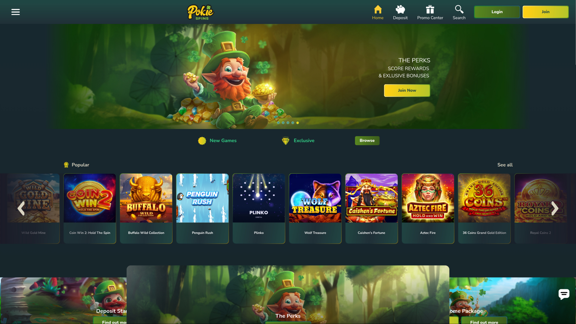 Page d'accueil du casino Pokie Spins pour ordinateur