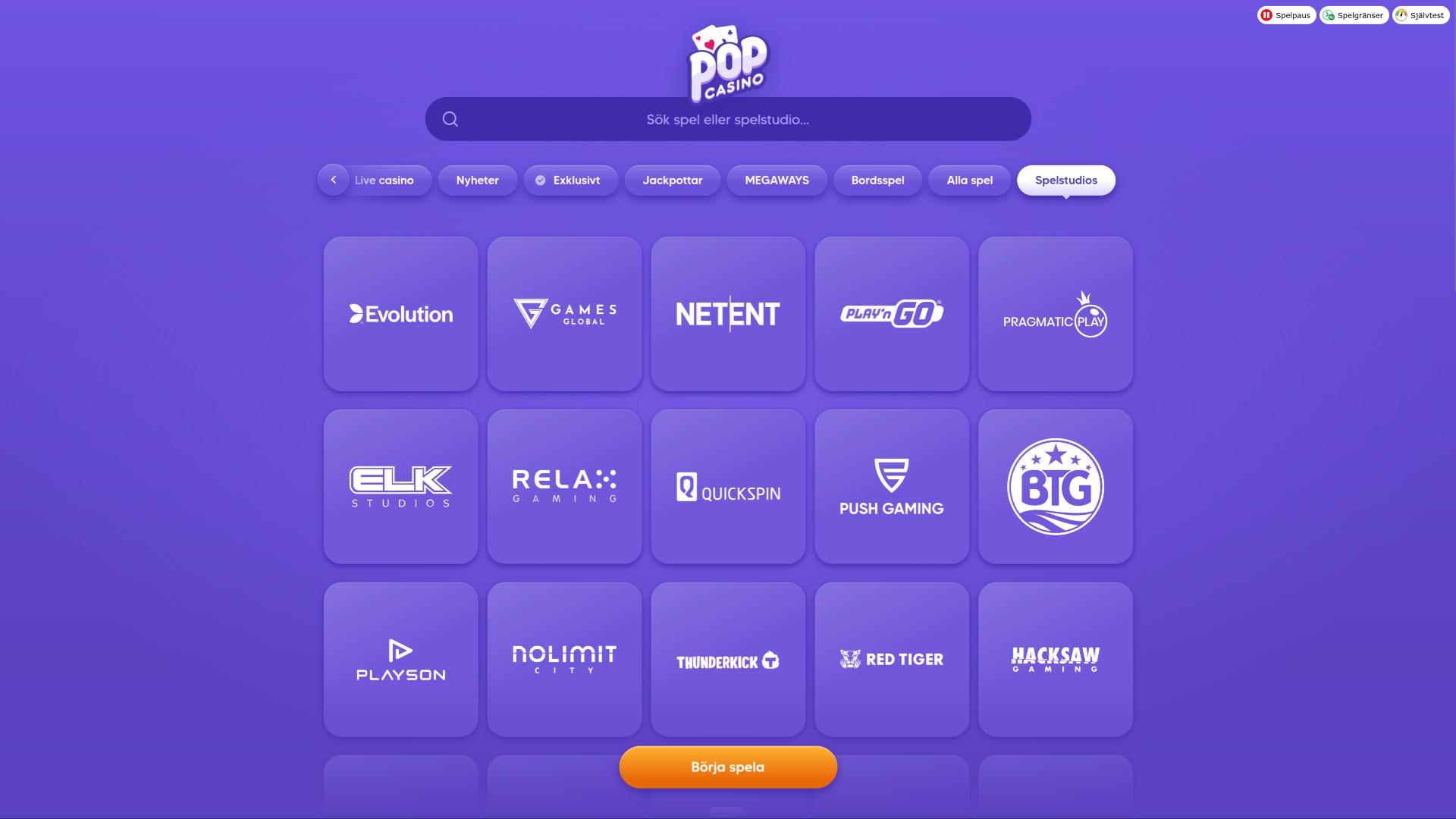 Entwicklerseite für Pop Casino-Spiele