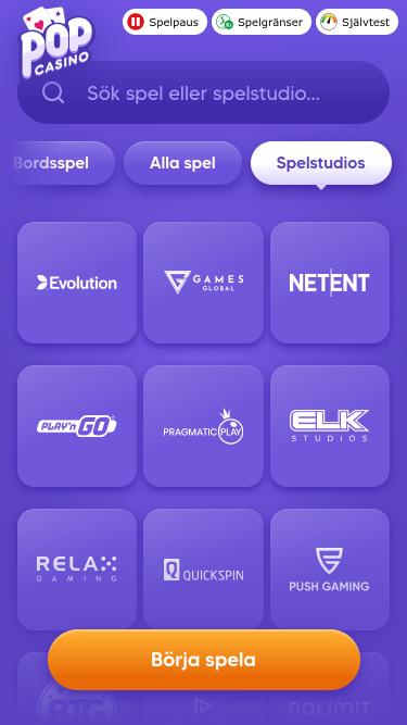 Mobile-Seite der Entwickler von Pop Casino-Spielen