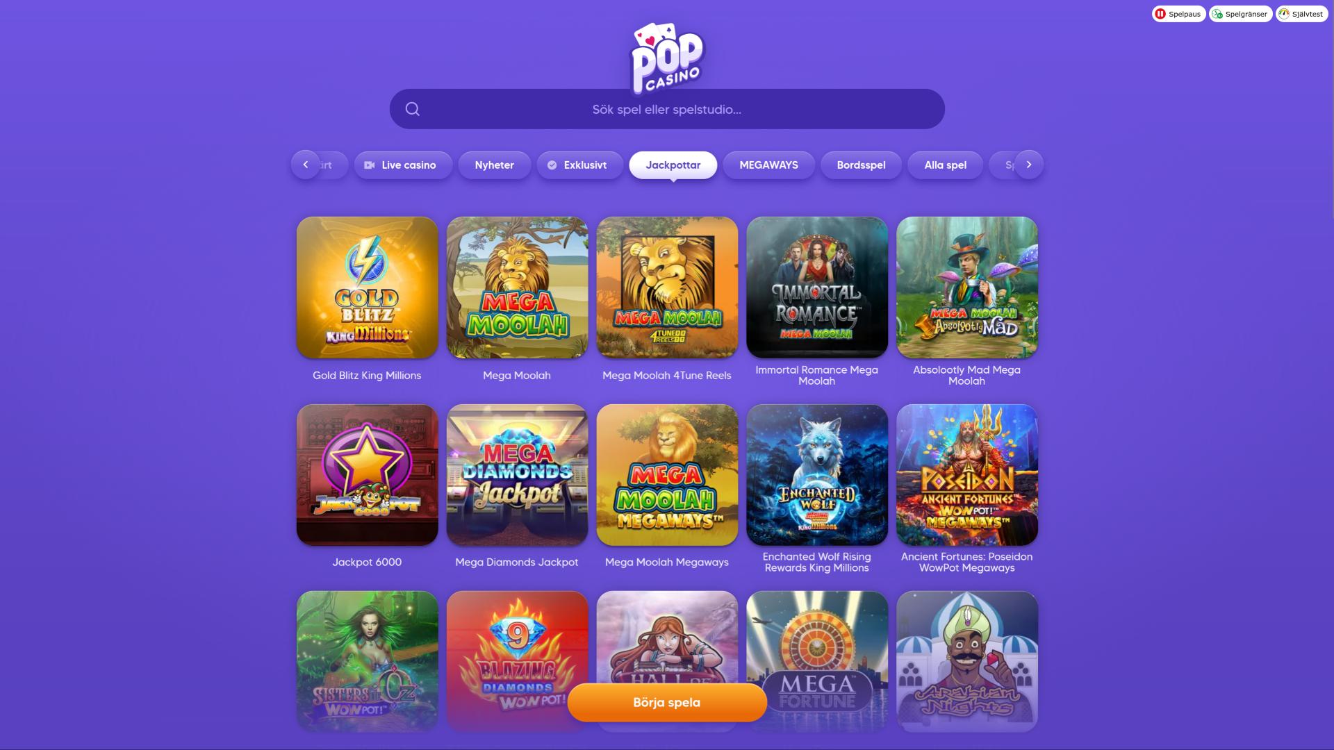 Pop Casino Jackpot-Seite