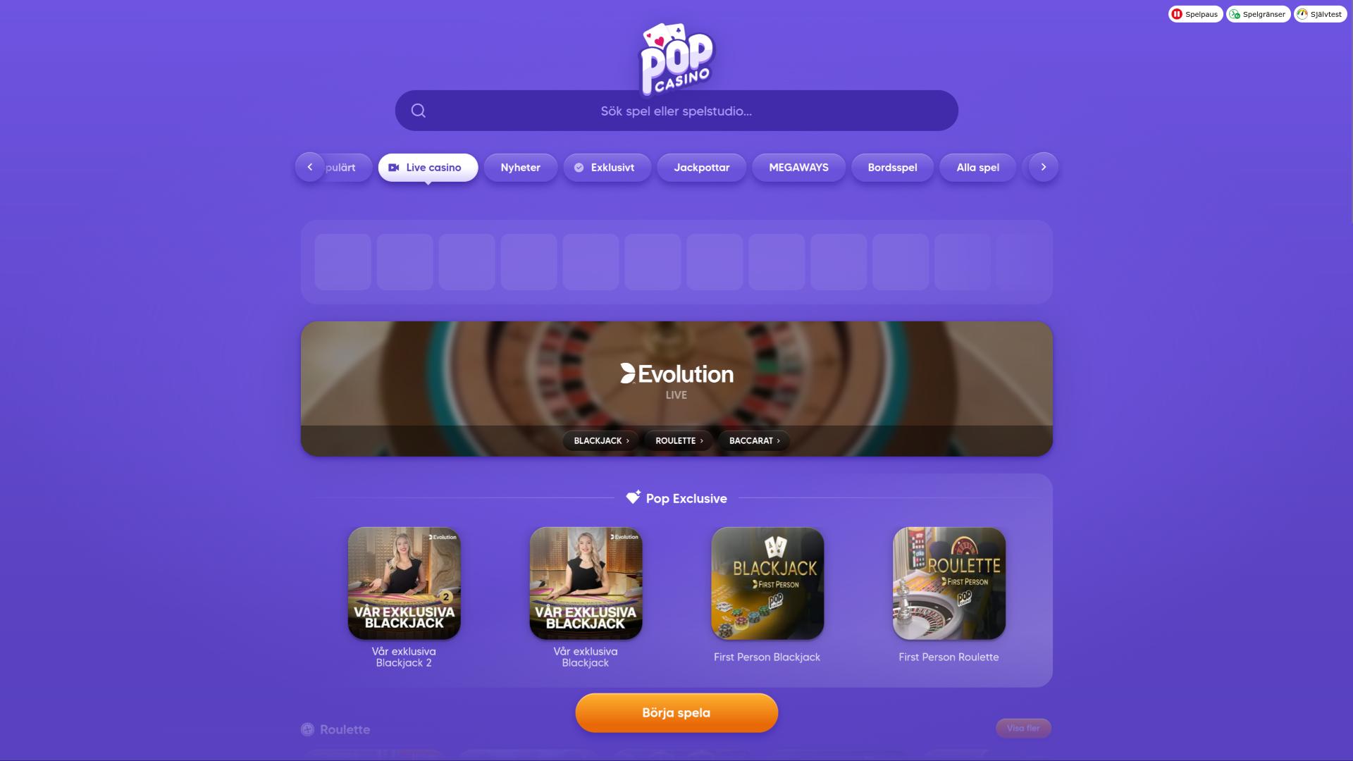 Pop Casino Live-Dealer-Seite