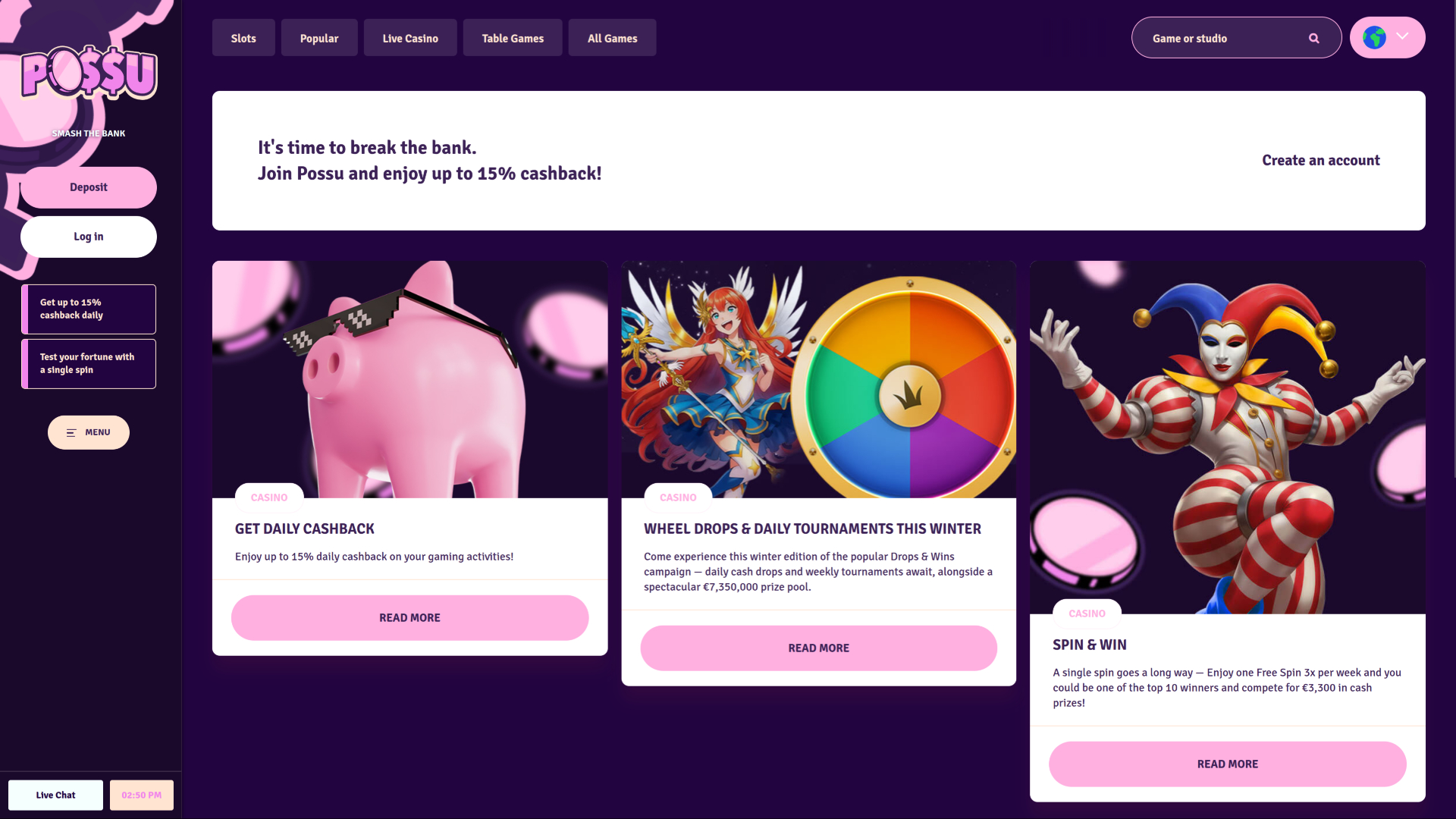 Promotions sur ordinateur de bureau du casino Possu