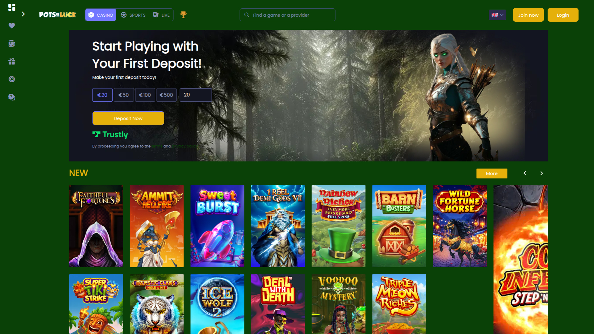 Page d'accueil du casino Pots of Luck (version ordinateur)