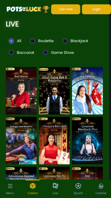 Pots of Luck Casino Mobile Croupier en direct