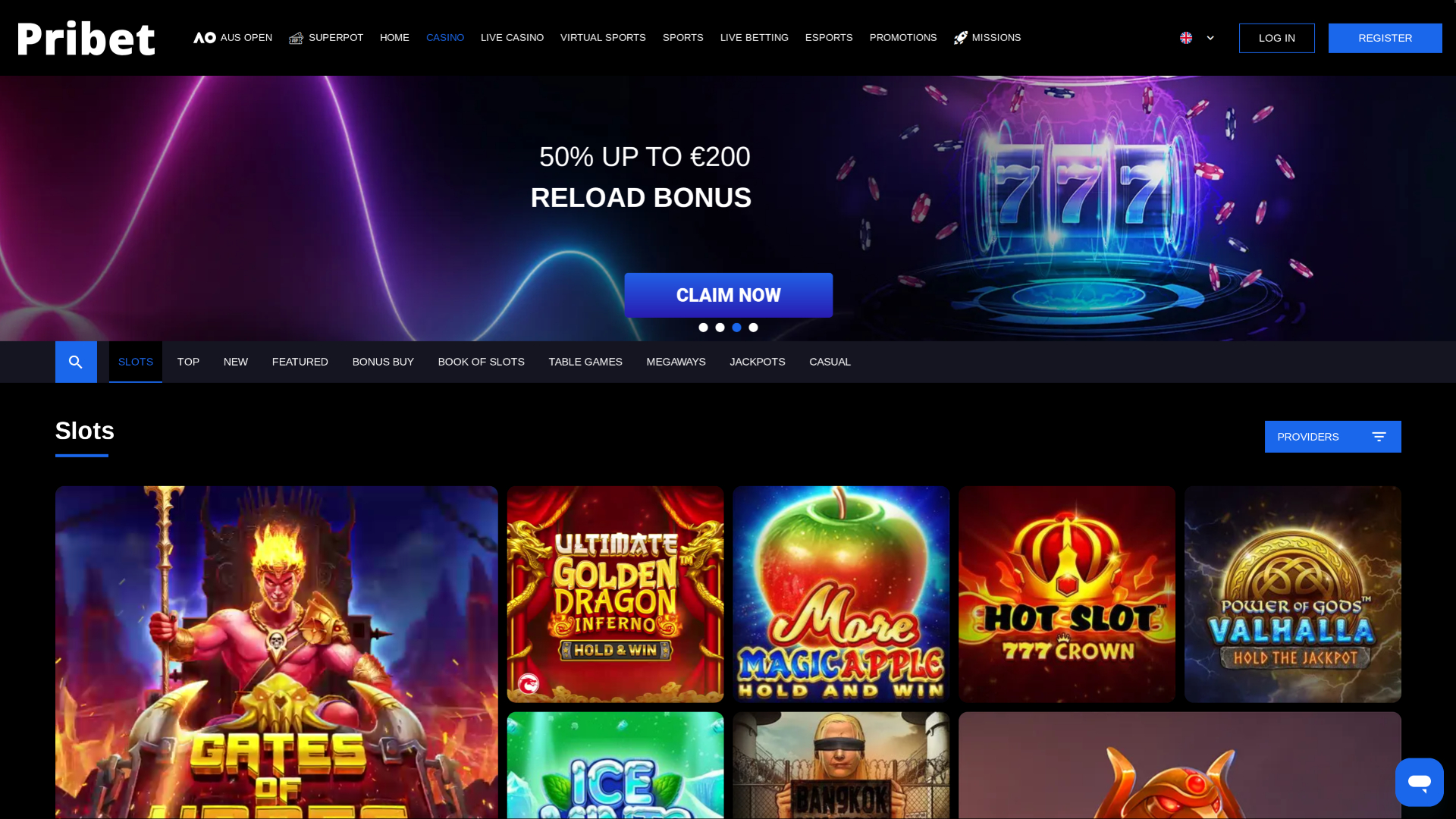 Page d'accueil du casino Pribet pour ordinateur