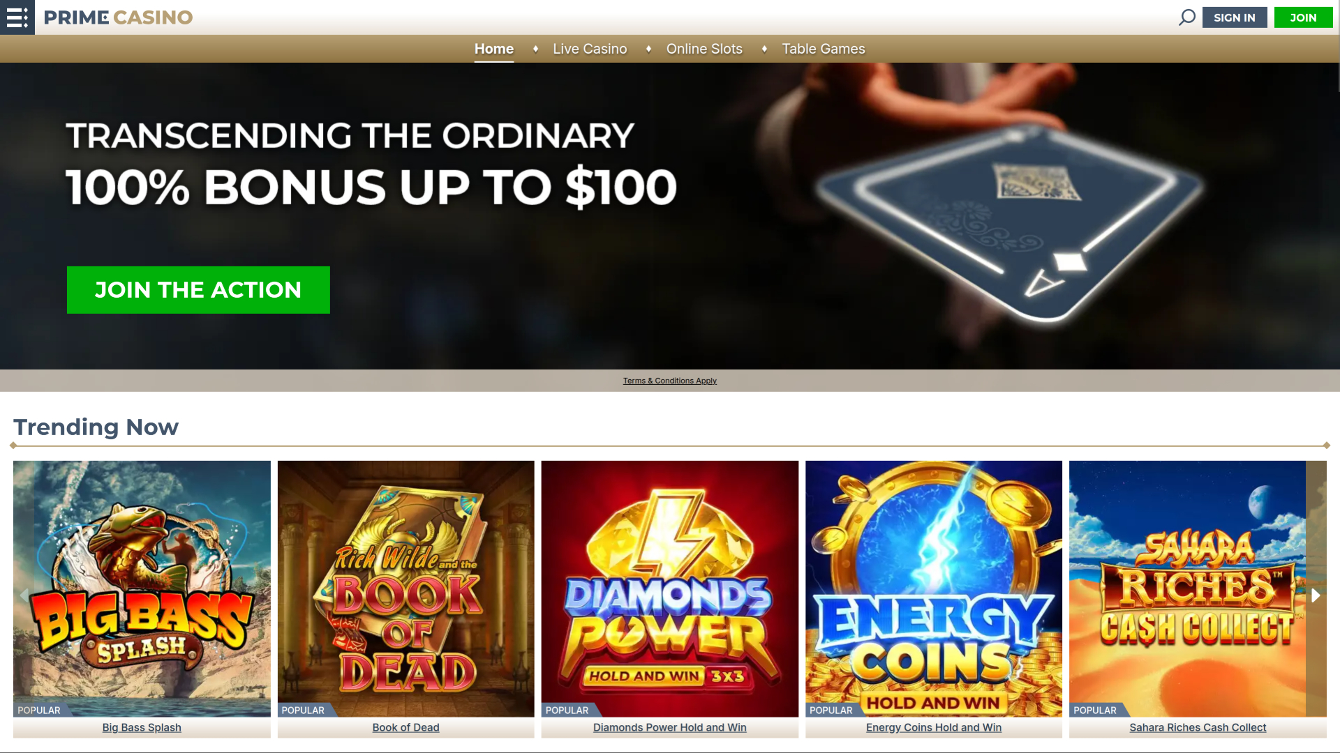Prime Casino Desktop-Startseite
