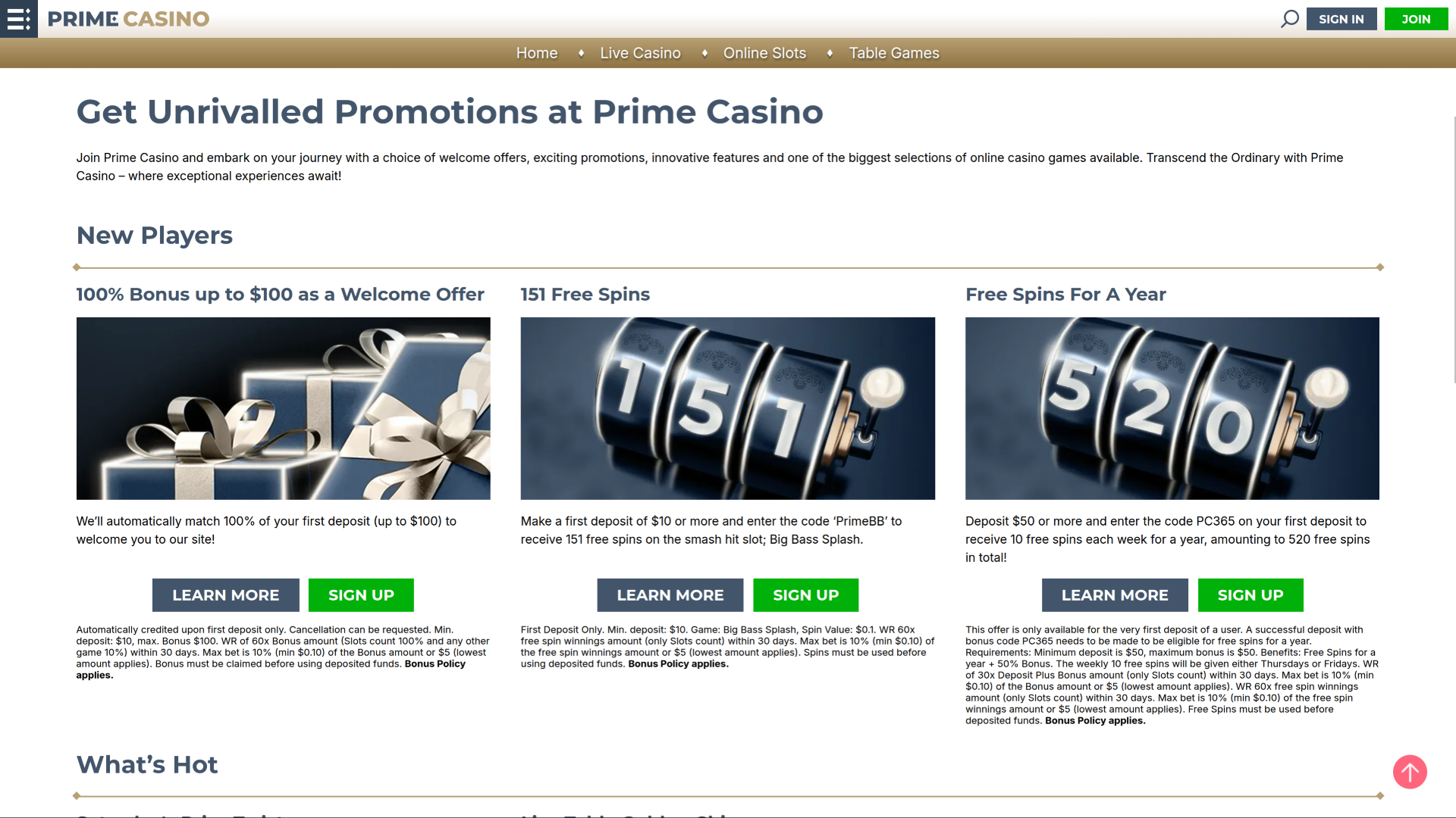 Prime Casino Desktop-Aktionen