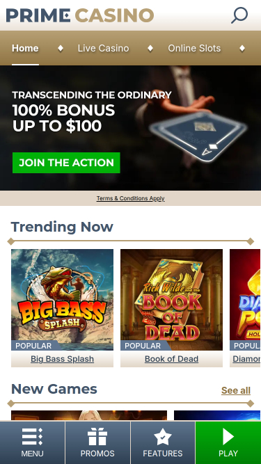 Prime Casino Mobile Homepage