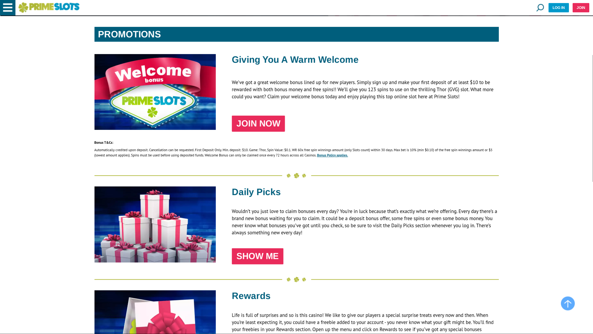 Promozioni desktop di Prime Slots