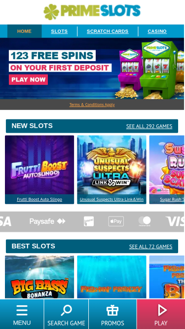 Homepage di Prime Slots Mobile