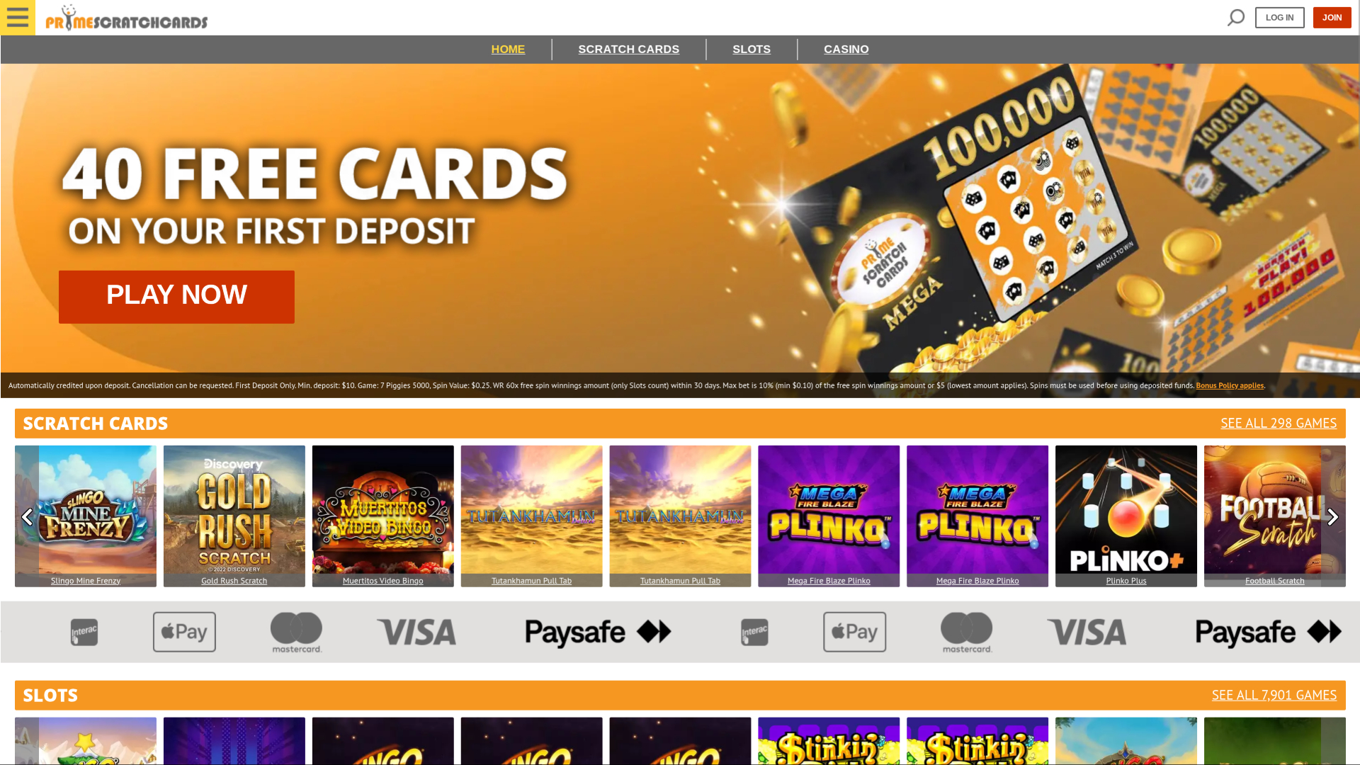 Homepage desktop di PrimeScratchCards
