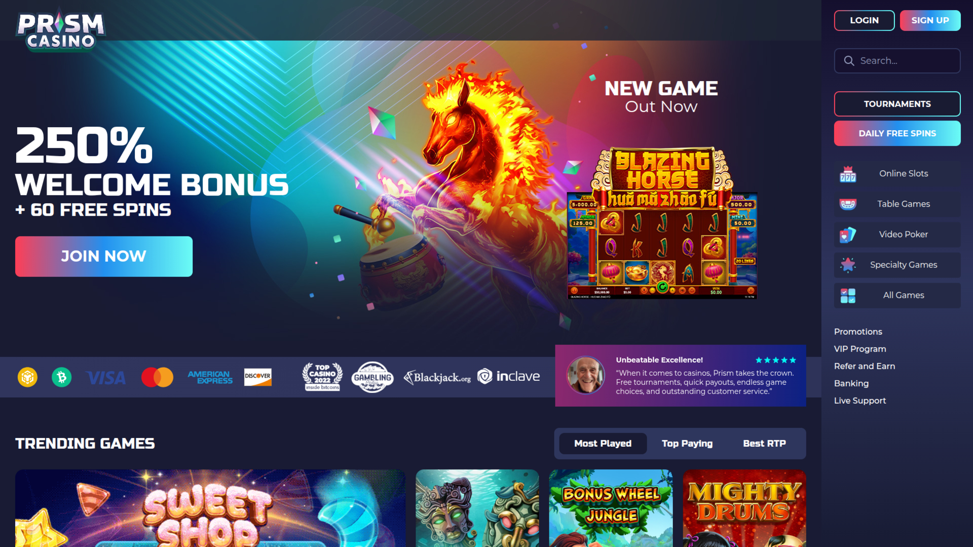 Prism Casino Desktop Homepage