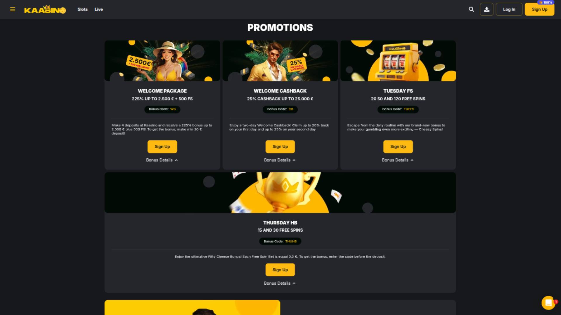 Captura de pantalla de la página de promociones de Kaasino Casino