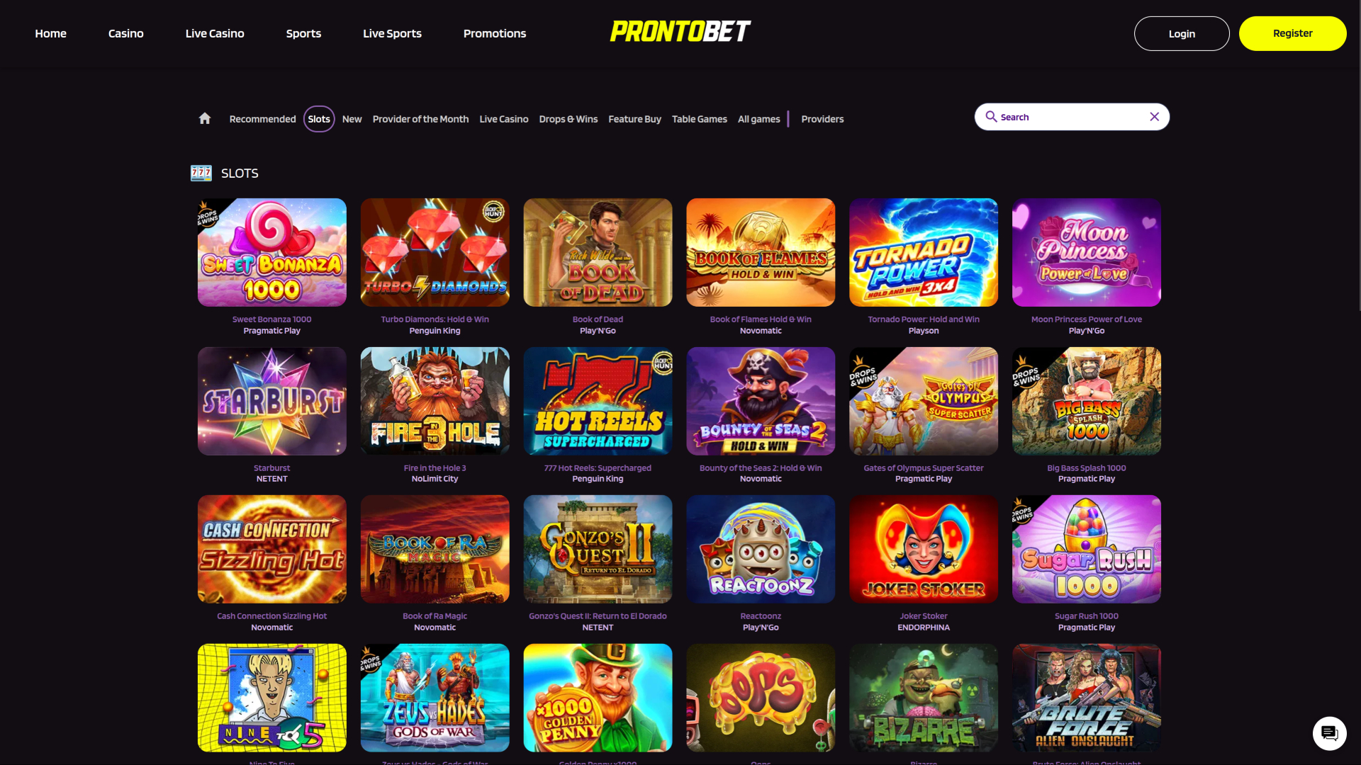 Jeux de casino Prontobet pour ordinateur