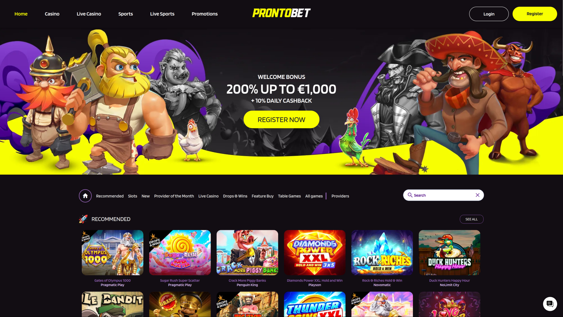 Page d'accueil du casino Prontobet pour ordinateur