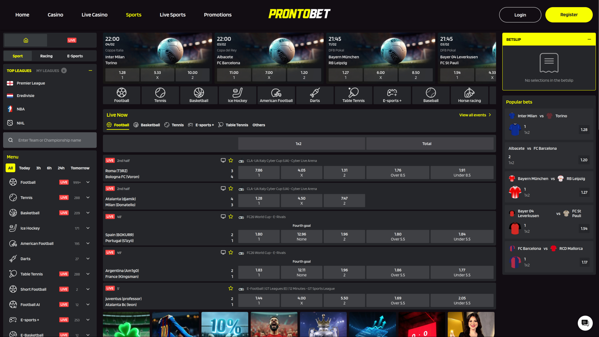 Prontobet Casino Sports sur ordinateur