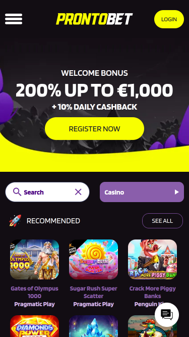 Page d'accueil mobile du casino Prontobet