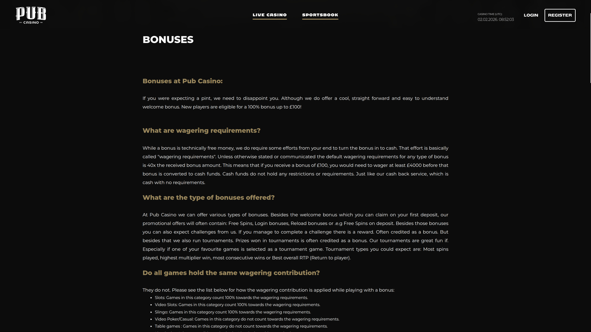 Pub Casino Desktop-Aktionen