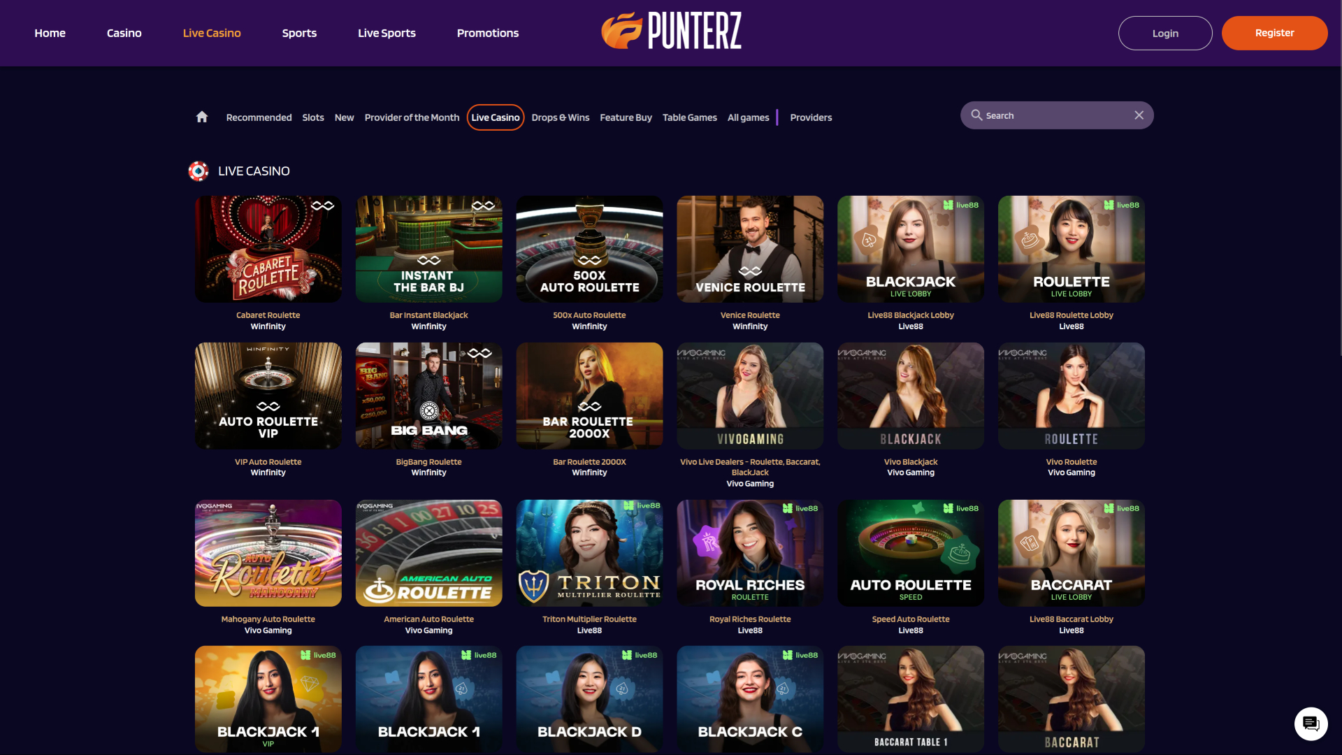 Casino Punterz pour ordinateur avec croupier en direct