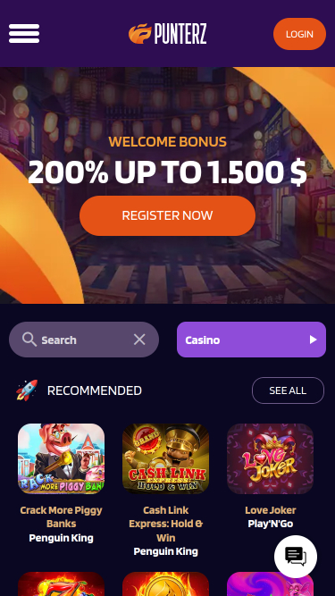 Page d'accueil mobile du casino Punterz