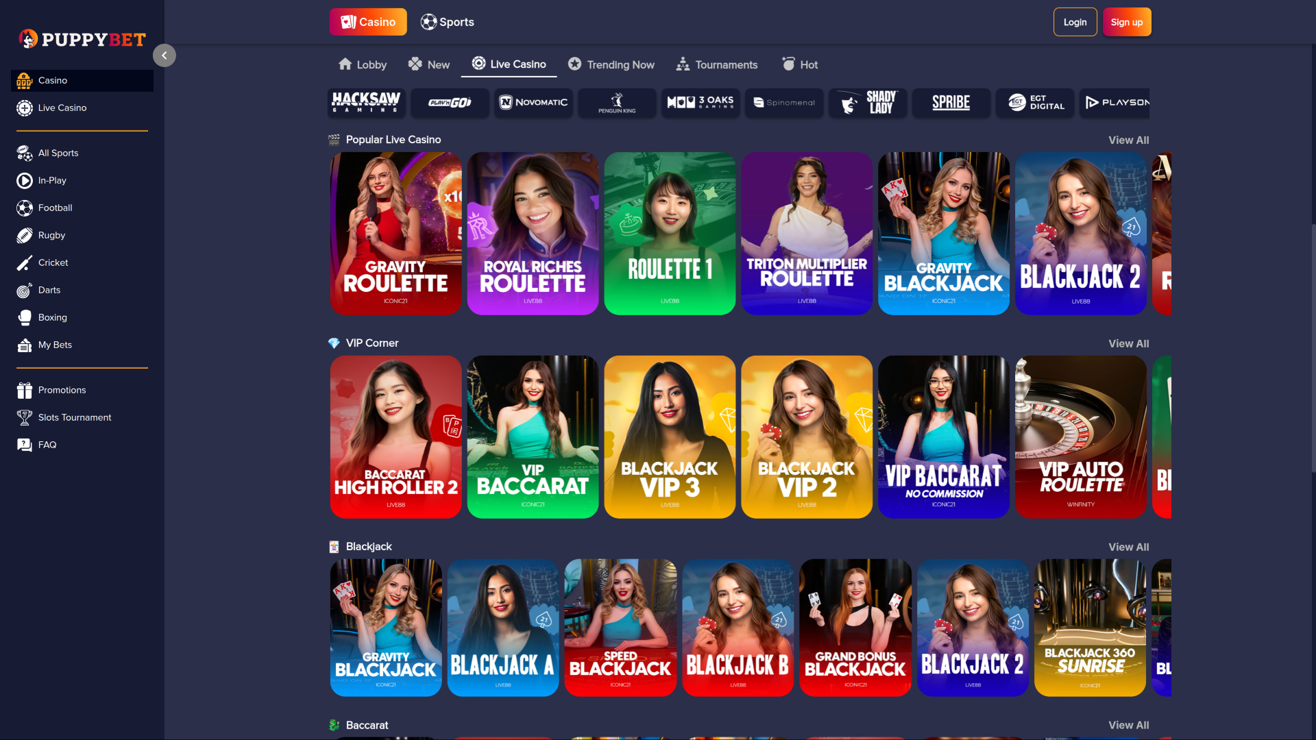 Casino PuppyBet pour ordinateur avec croupier en direct