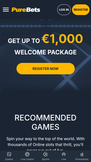 PureBets Casino Mobile Homepage