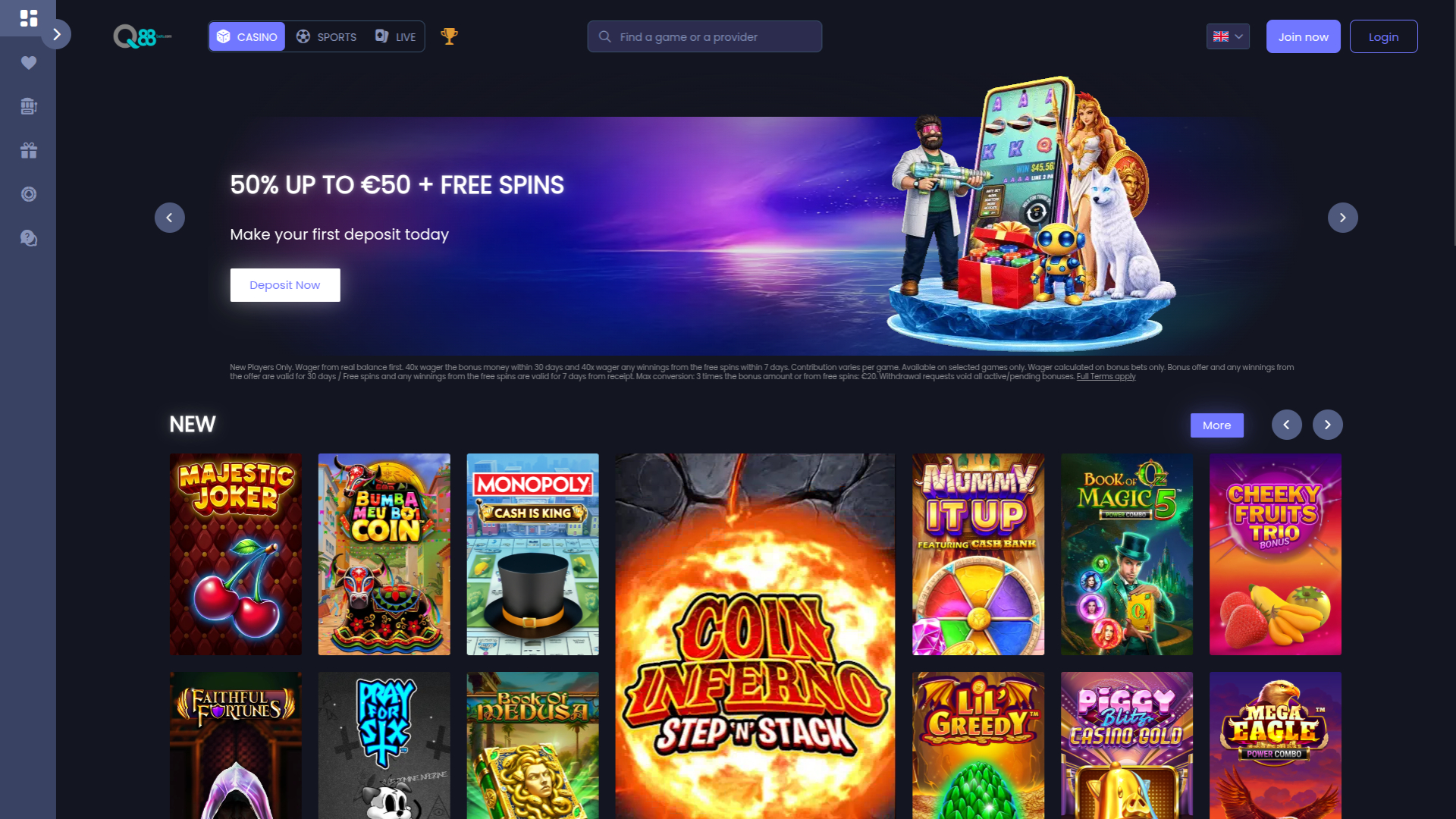 Pagina iniziale desktop di Q88bets