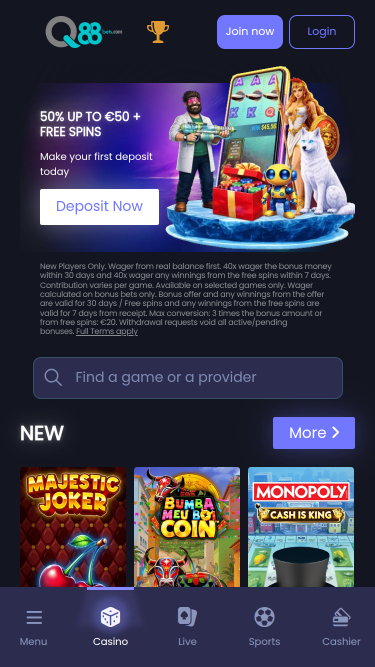 Homepage mobile di Q88bets