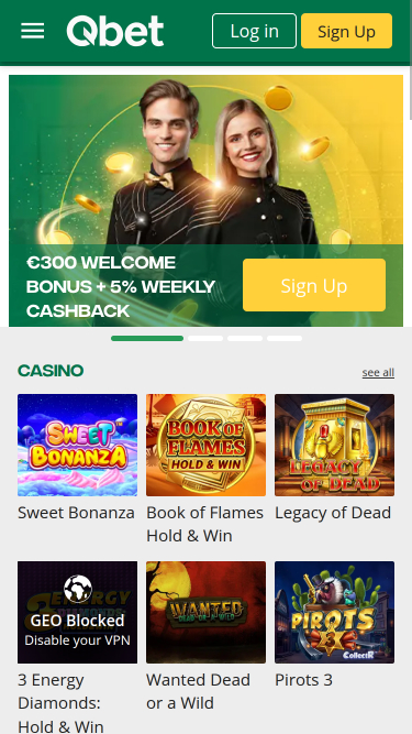 Page d'accueil mobile du casino QBet