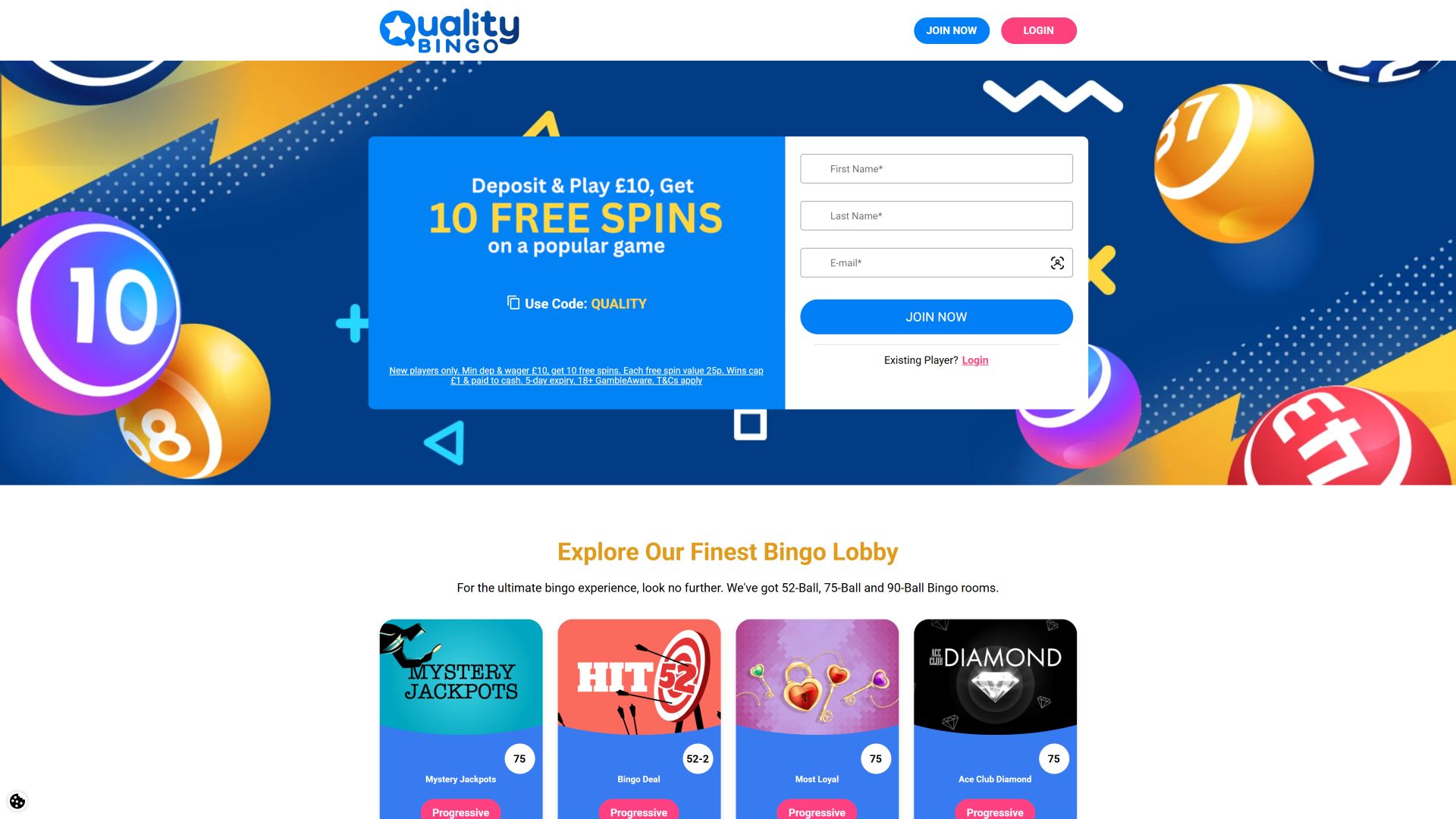 Page d'accueil de Quality Bingo pour ordinateur