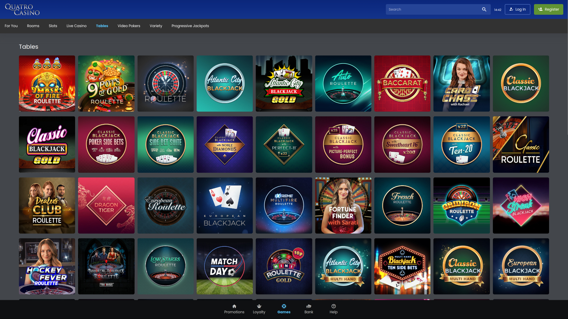 Tables de Quatro Casino sur ordinateur