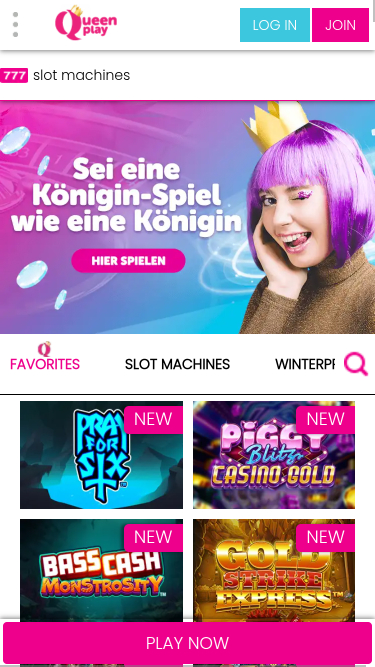 Page d'accueil mobile de Queen Play Casino