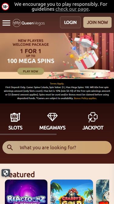 Page d'accueil mobile du casino Queen Vegas