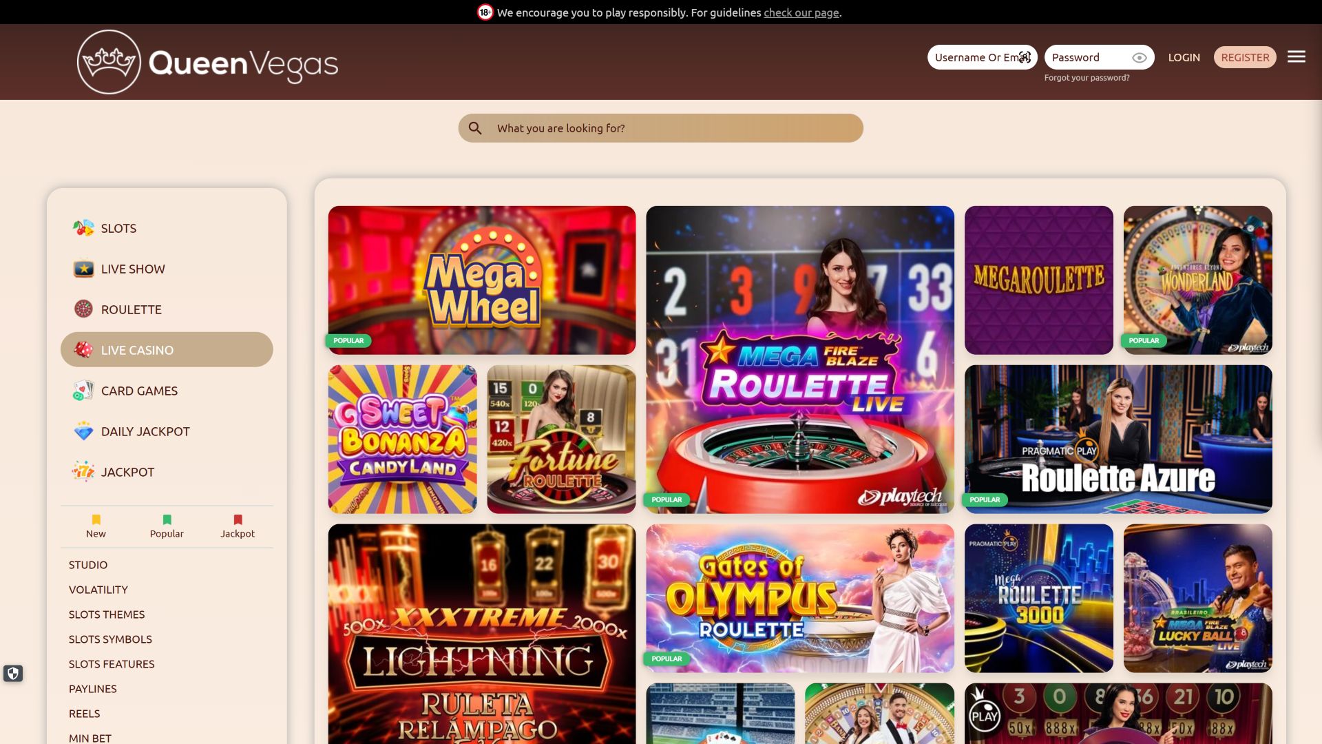 Casino Queen Vegas sur ordinateur avec croupier en direct
