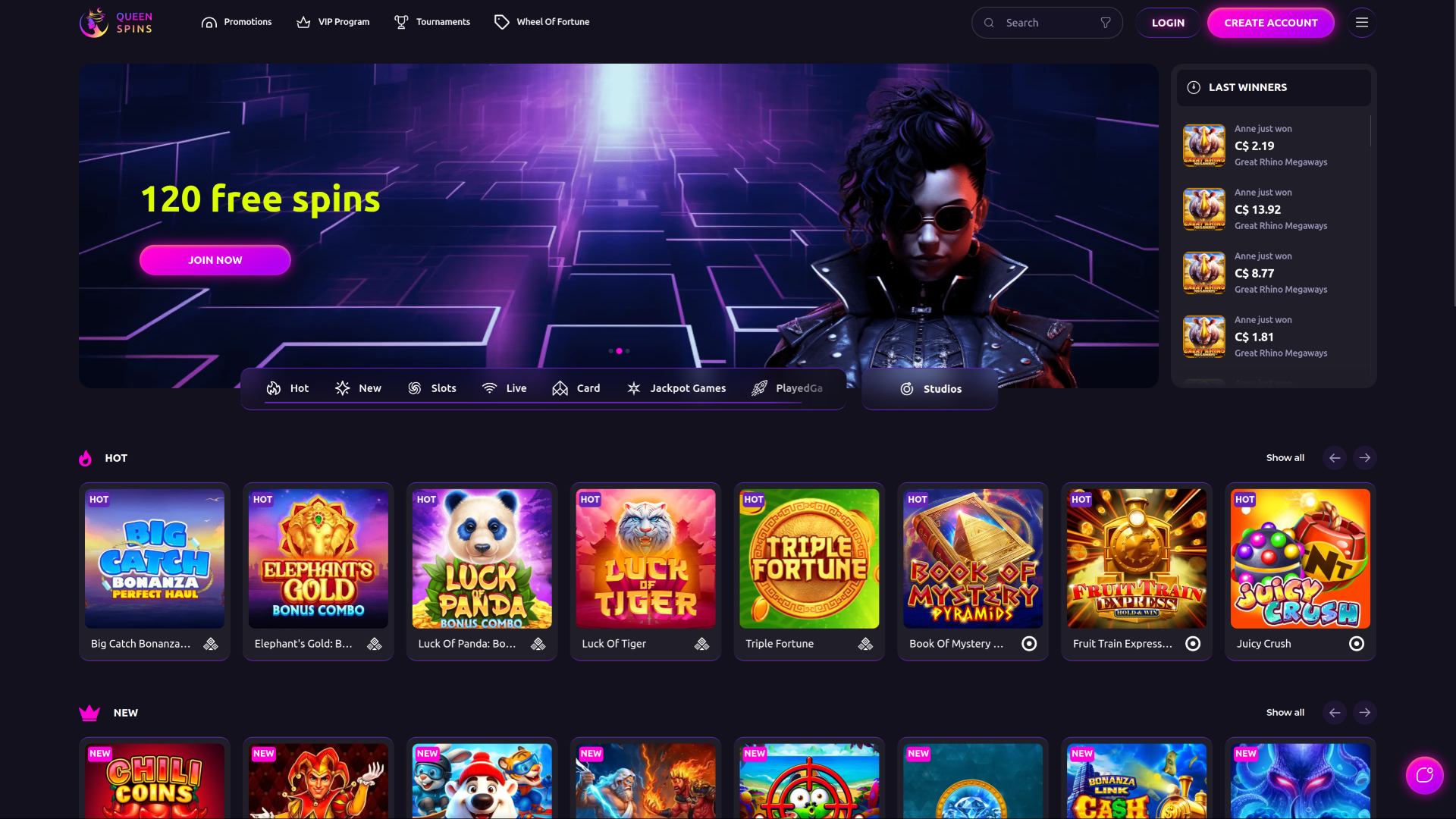 Page d'accueil du casino QueenSpins pour ordinateur