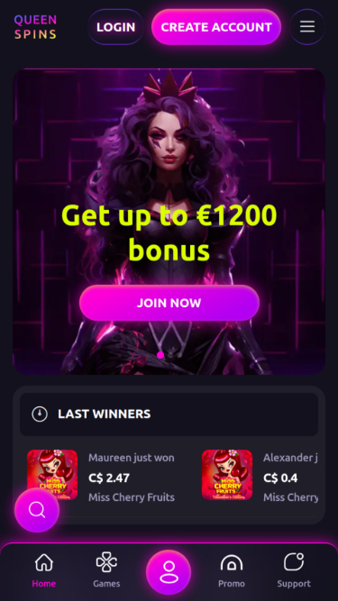 Page d'accueil mobile du casino QueenSpins