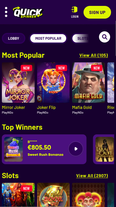 Page d'accueil mobile du casino Quickspinner
