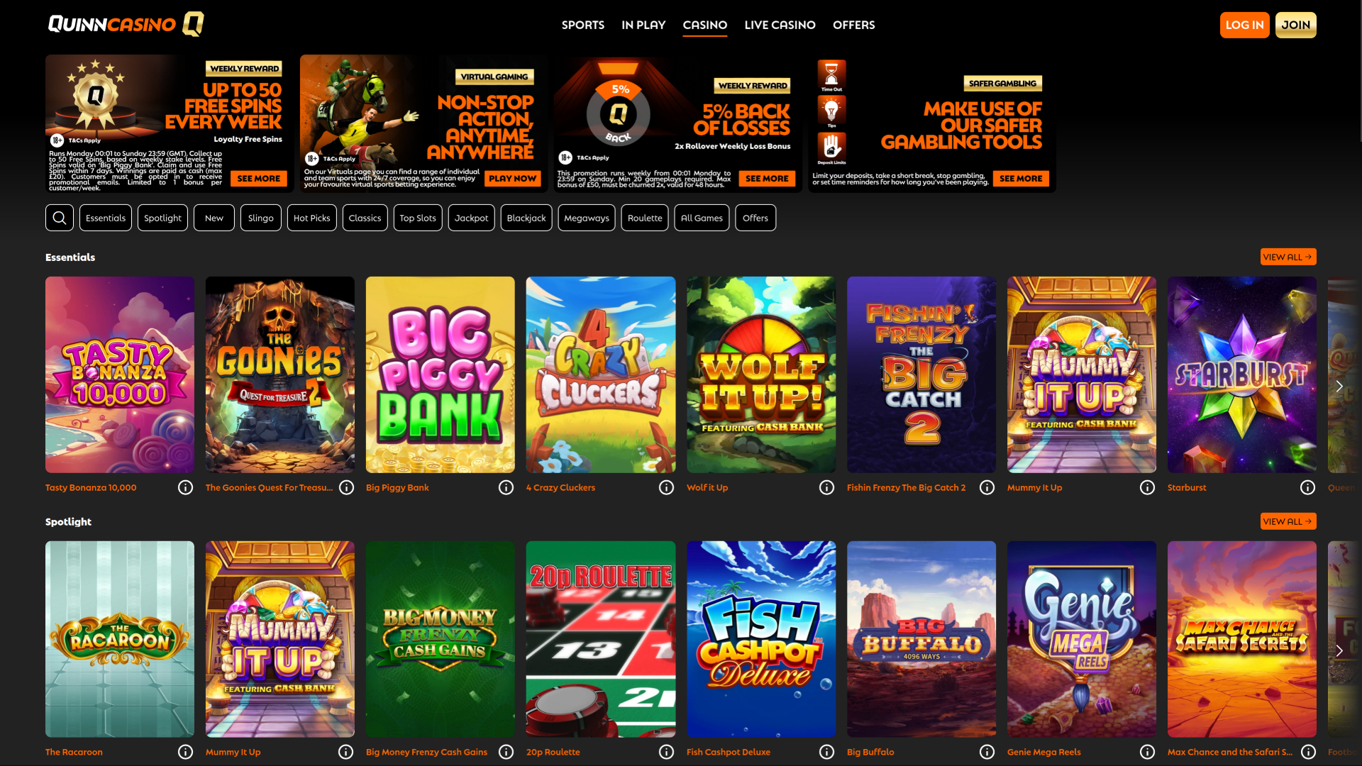 QuinnBet Casino Desktop Homepage