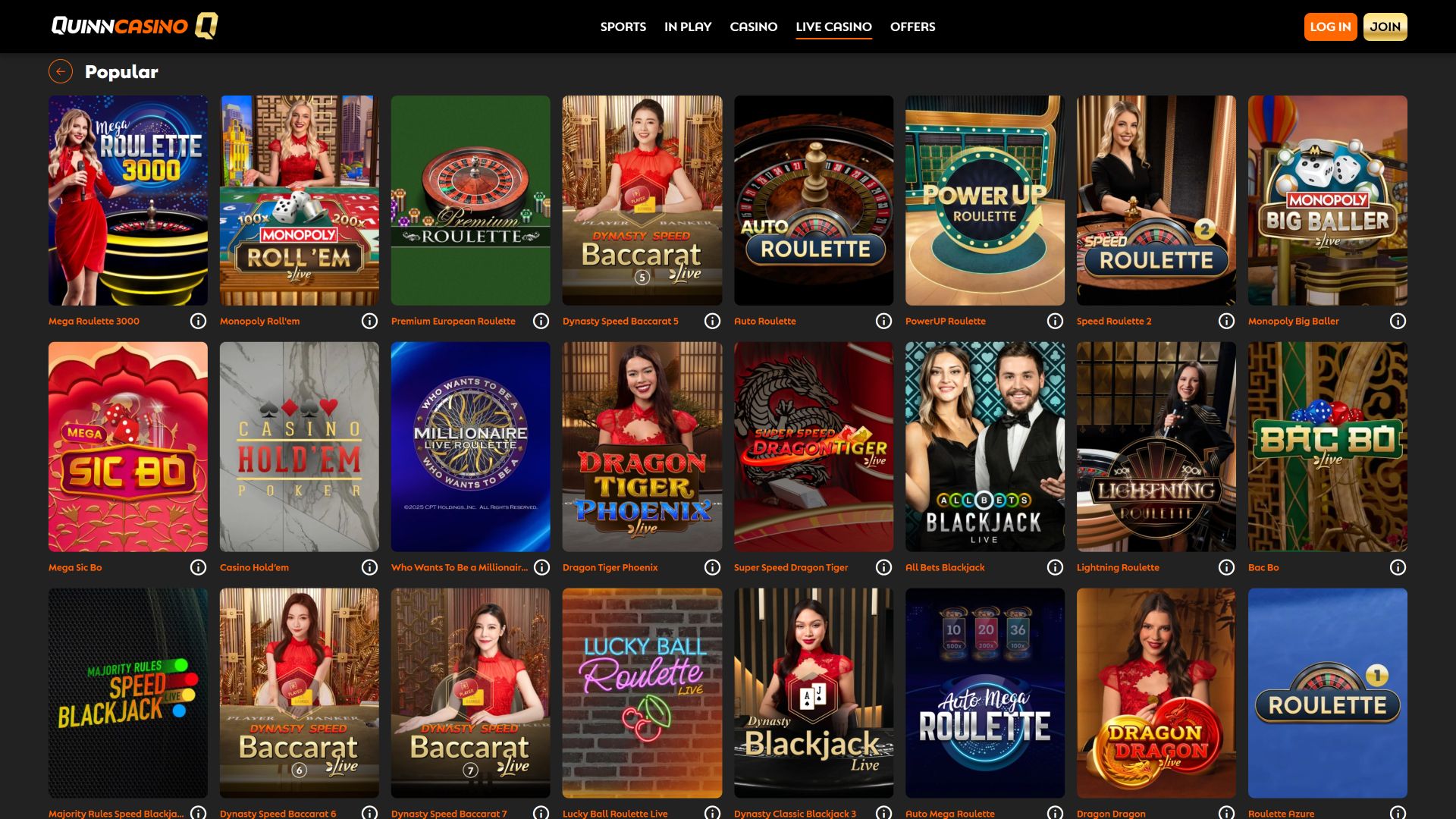 Casinò Live di QuinnBet Casino per Desktop
