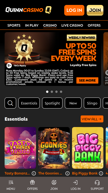 QuinnBet Casino Mobile Homepage