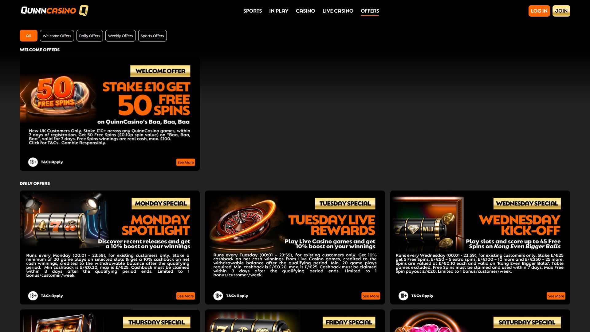 Promozioni desktop del casinò QuinnBet