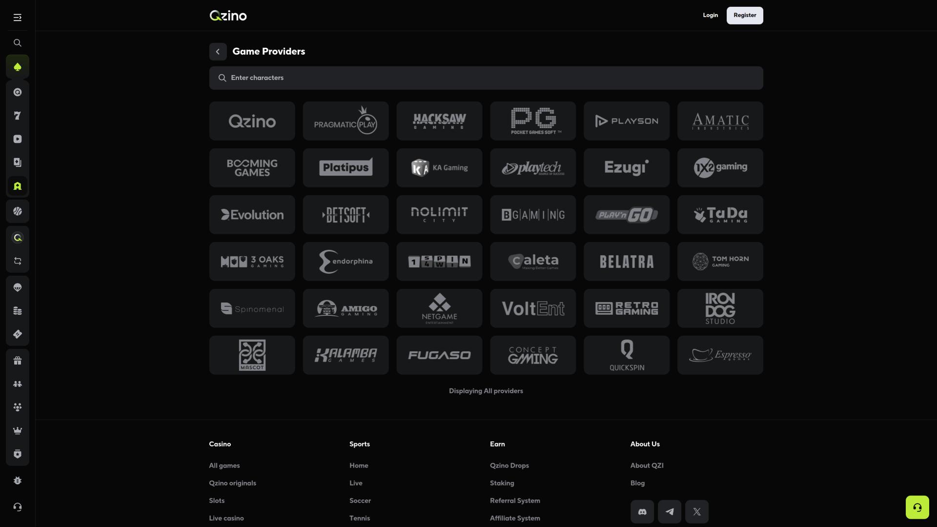 Seite der Spieleentwickler von Qzino Casino