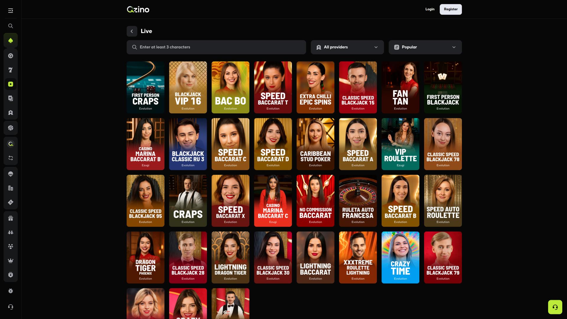 Qzino Casino Live-Dealer-Seite