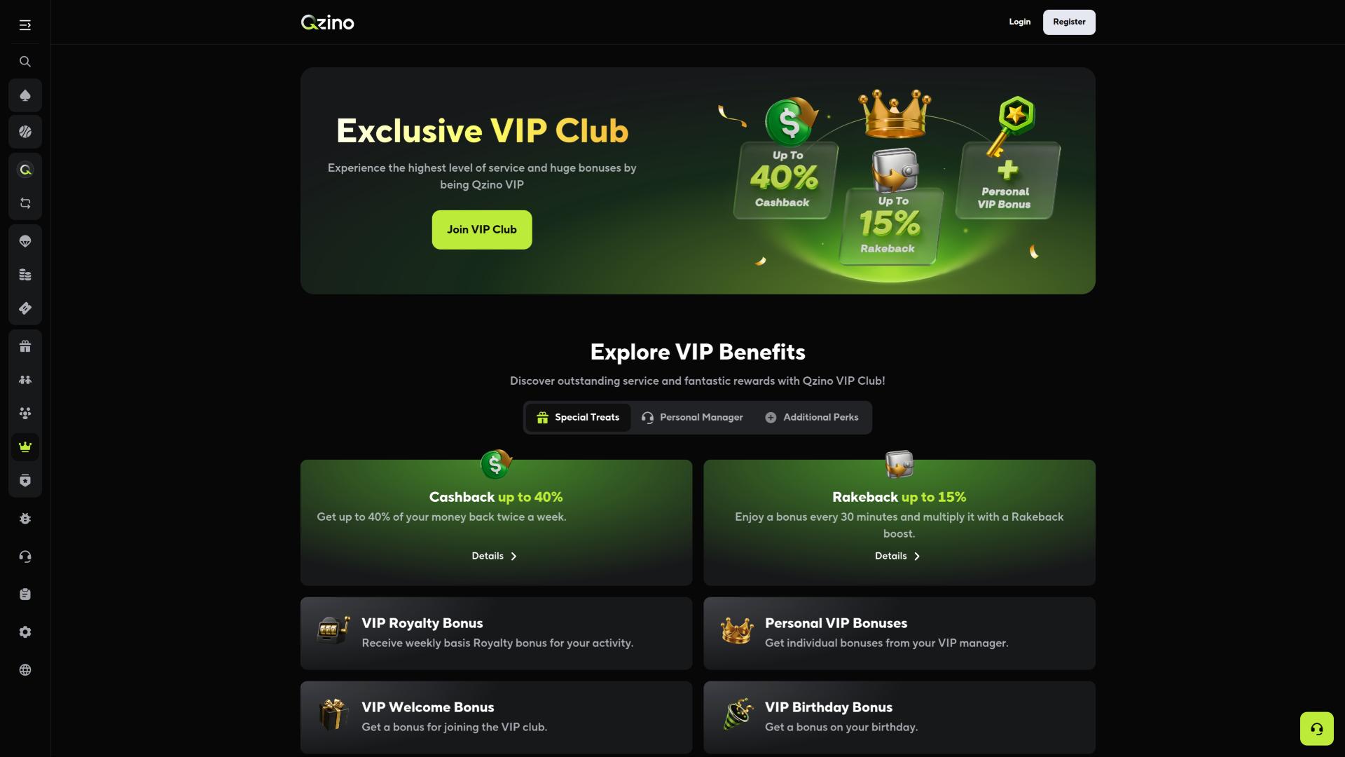 Qzino Casino VIP-Seite