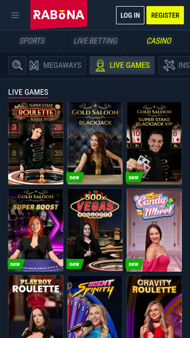 Casino mobile Rabona avec croupier en direct