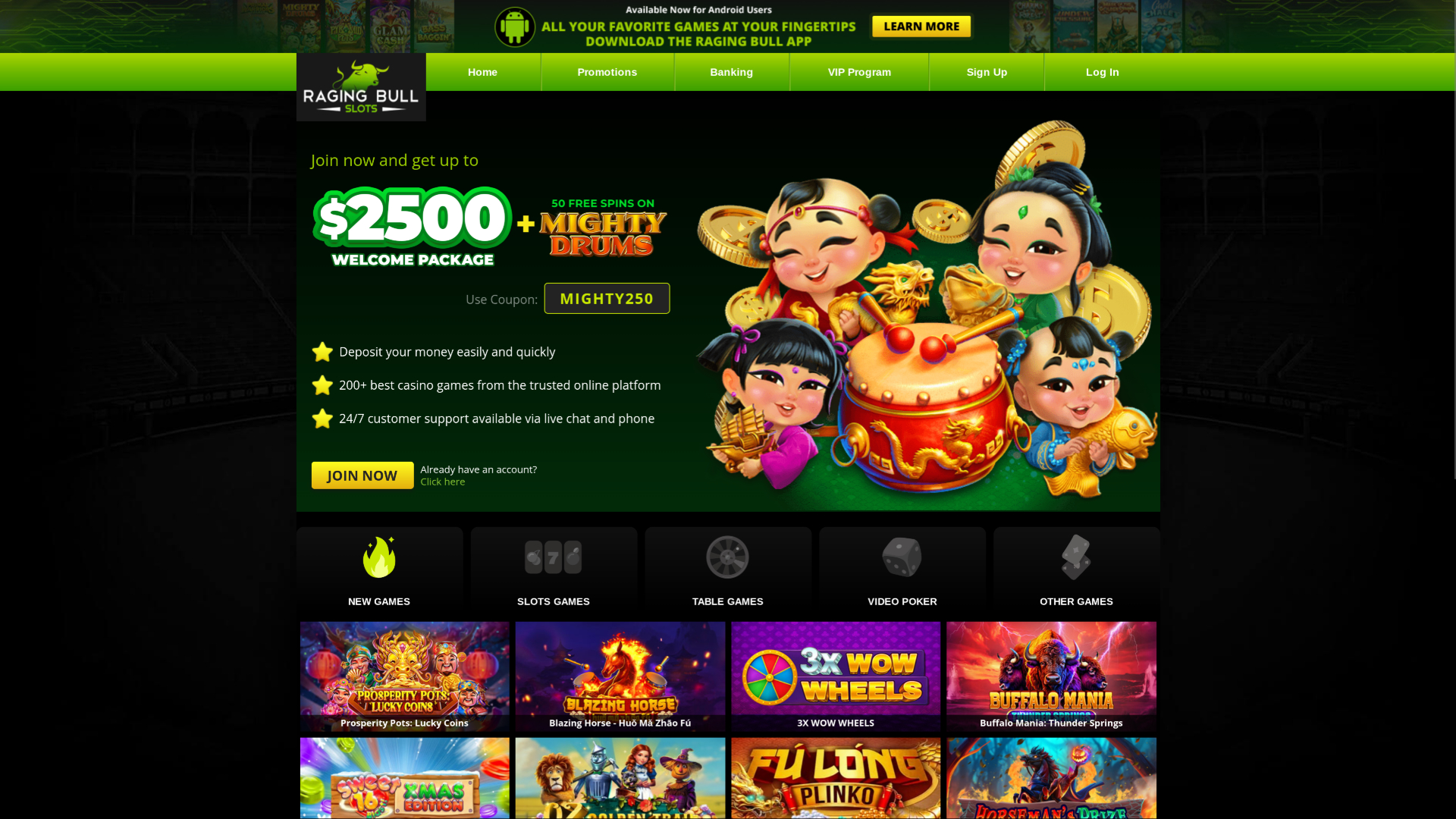 Homepage desktop di Raging Bull Casino