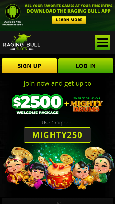 Homepage mobile di Raging Bull Casino
