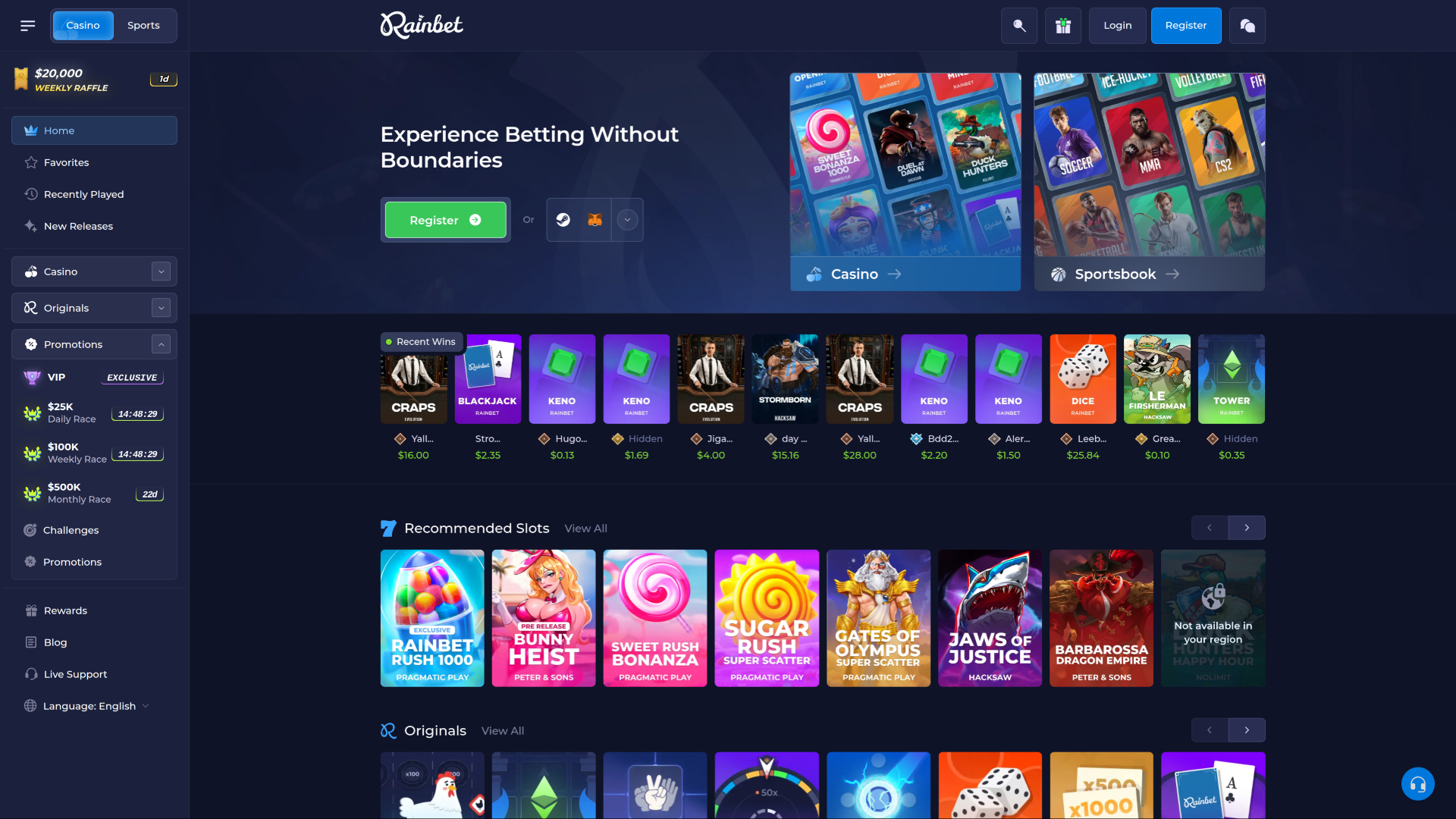 Rainbet Casino Desktop Homepage